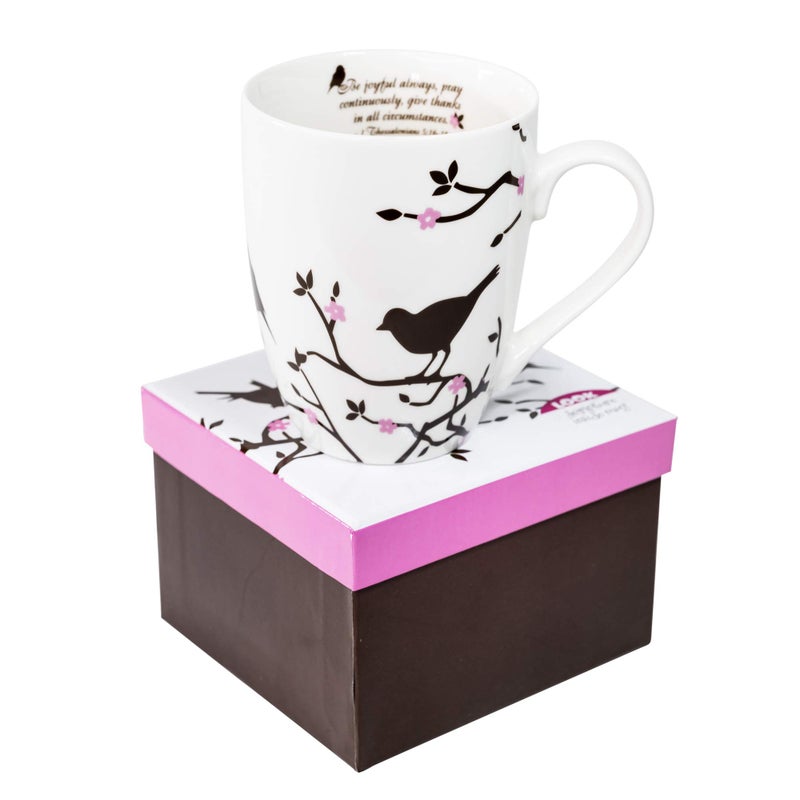 Divinity Boutique Inspirational Ceramic, Brown Birds on White Mug, 1 Theses. 5:16-17, The Joyful Always Pray, Multicolor, One Size,12 fluid ounce - Image 1